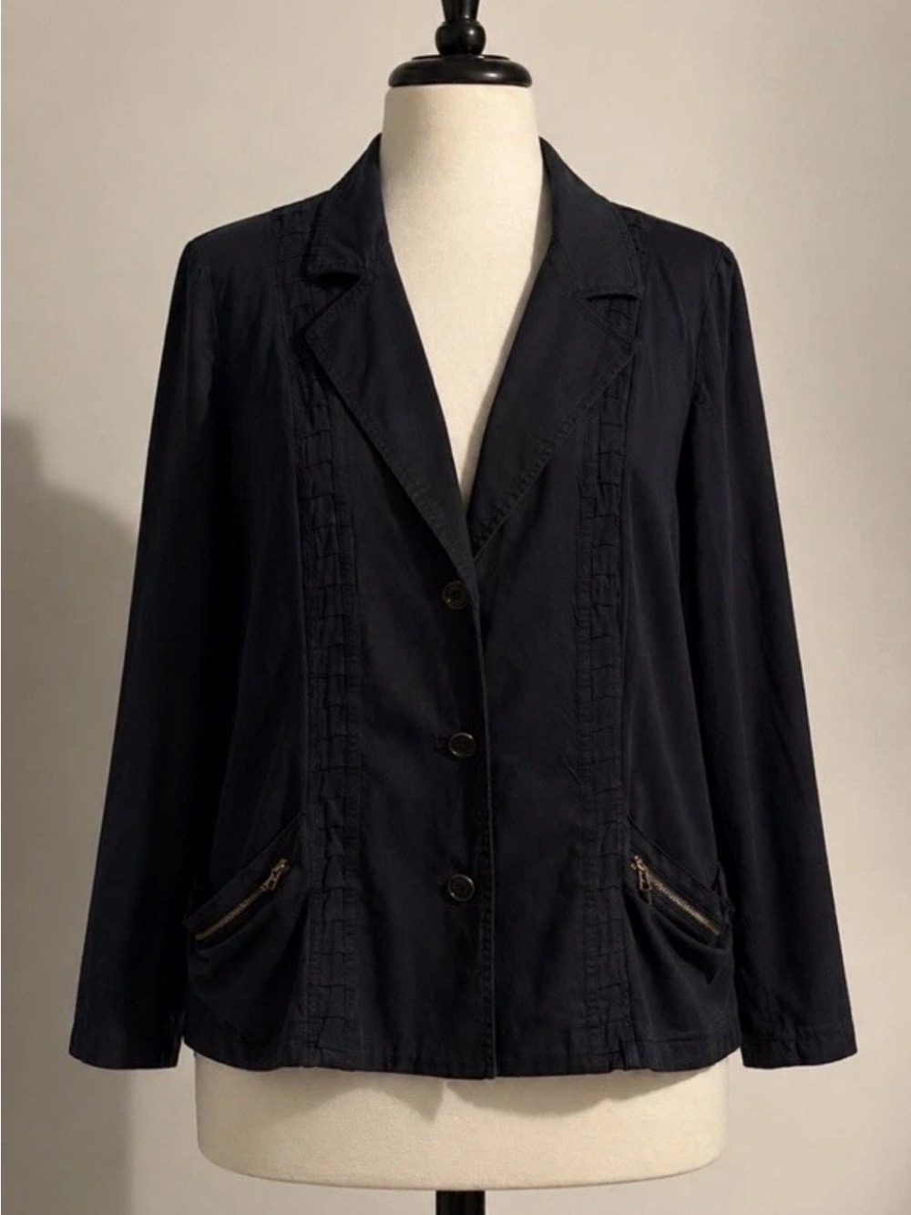 XCVI Ruched Black Blazer Jacket Long Sleeve Button Front Accent Zip Pockets 1X